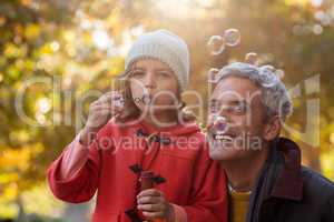 Happy father with daughter blowing bubbles