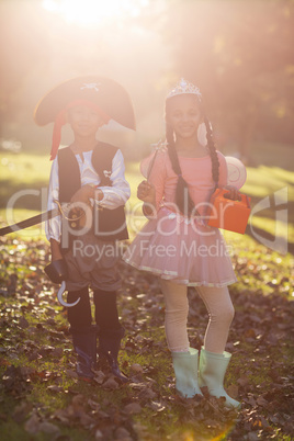 Happy siblings wearing costumes at park