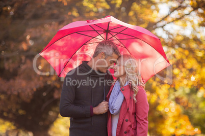 Romantic couple standing with umbrella at park