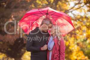 Romantic couple standing with umbrella at park
