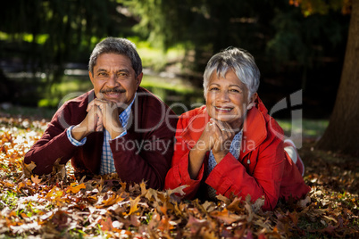 Couple relaxing with hand on chin at park