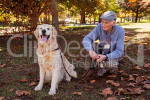 An elderly man looking his pet dog