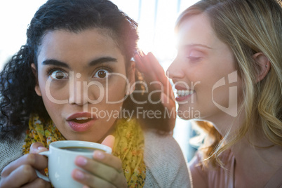 Woman whispering a secret into her friends ear while having coff