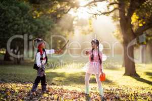 Playful siblings wearing costumes at park