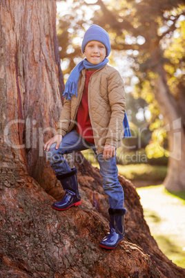 Portrait of smiling boy standing on tree trunk
