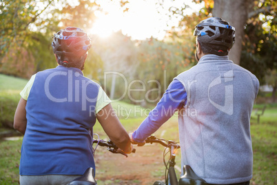 Senior couple walking next to their bike