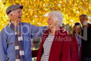 Happy senior couple at park during autumn