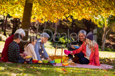 Happy family having breakfast at park