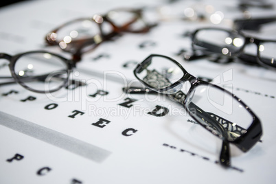 Close-up of various spectacles on eye chart