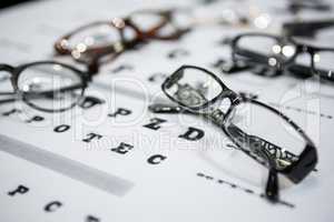 Close-up of various spectacles on eye chart