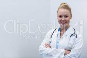 Portrait of female doctor standing in clinic