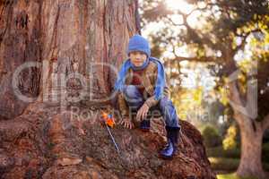 Portrait of boy with pinwheel while crouching on tree trunk