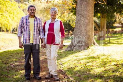 Mature couple holding hands while standing on pathway