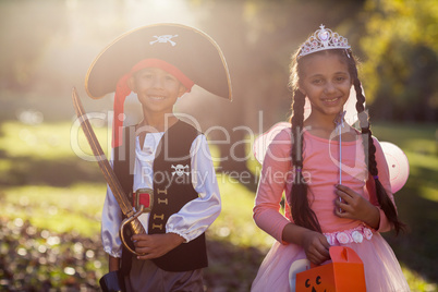 Portrait of happy siblings wearing costumes