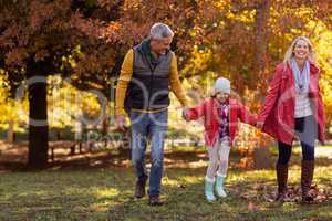 Family walking at park during autumn