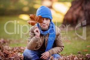 Portrait of boy holding autumn leaf