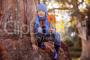 Portrait of cute boy holding pinwheel while crouching on tree tr