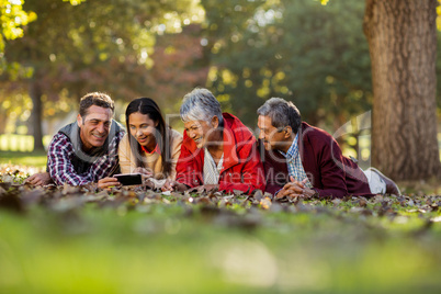 Family using mobile phone at park