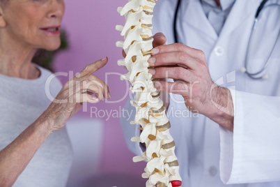 Mid section of physiotherapist explaining the spine model to pat