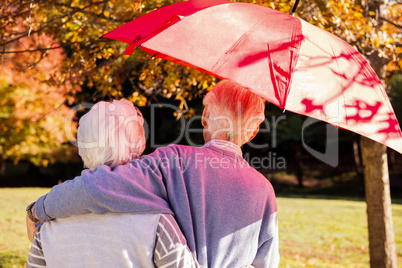 Senior couple embracing under an umbrella