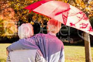 Senior couple embracing under an umbrella