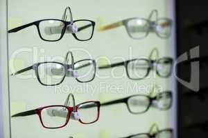 Close-up of various spectacles on display