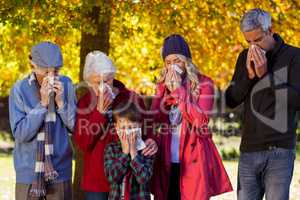 Sick family blowing their noses at park