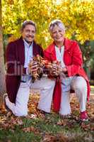 Mature couple holding autumn leaves at park
