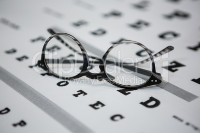 Close-up of spectacles on eye chart