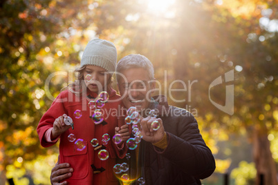 Father and daughter playing with bubbles at park