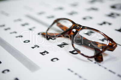 Close-up of spectacles on eye chart