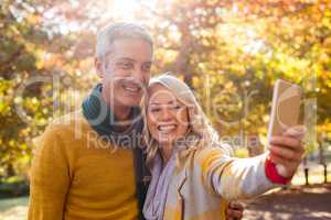 Smiling couple taking selfie at park