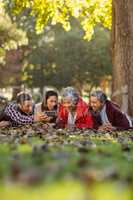 Joyful family using cellphone at park