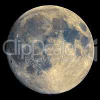 Full moon seen with telescope, enhanced colours