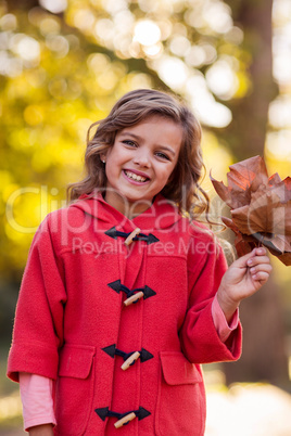 Portrait of girl holding autumn leaves at park