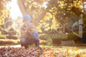 Boy holding autumn leaves at park