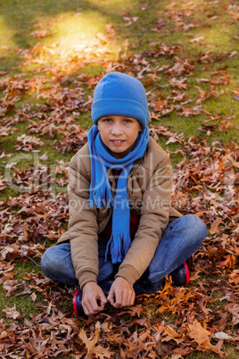 Portrait of smiling boy sitting at park during autumn