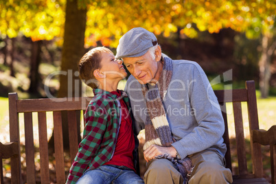 Grandson whispering to grandfather at park