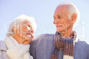 Senior couple embracing and regarding themselves