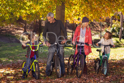 Family riding bicycles at park