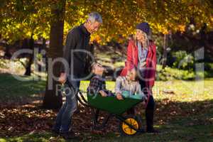 Cheerful family playing with the wheelbarrow