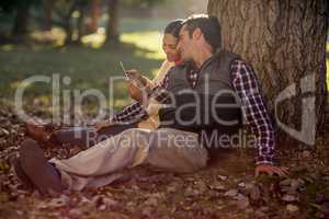 Couple using mobile phone by tree