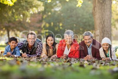 Portrait of family lying on front at park