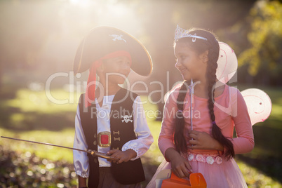 Smiling siblings wearing costumes at park