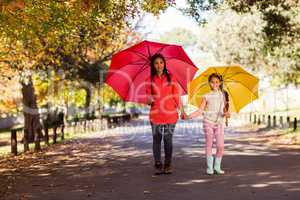 Mother and daughter holding umbrellas on street at park
