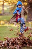 Portrait of boy kicking autumn leaves