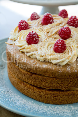 Cake with whipped cream and berries on plate