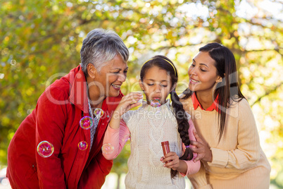 Multi-generation family blowing bubbles at park