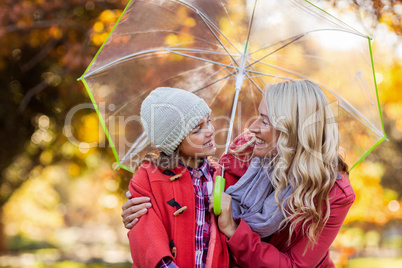 Happy mother and daughter holding umbrella at park