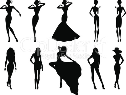 Set of ten female silhouettes over white